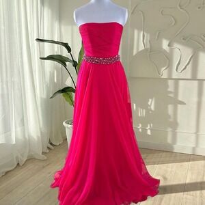Sherri Hill Hot Pink Strapless Embellished Chiffon Tulle Prom Gown Dress Size 4